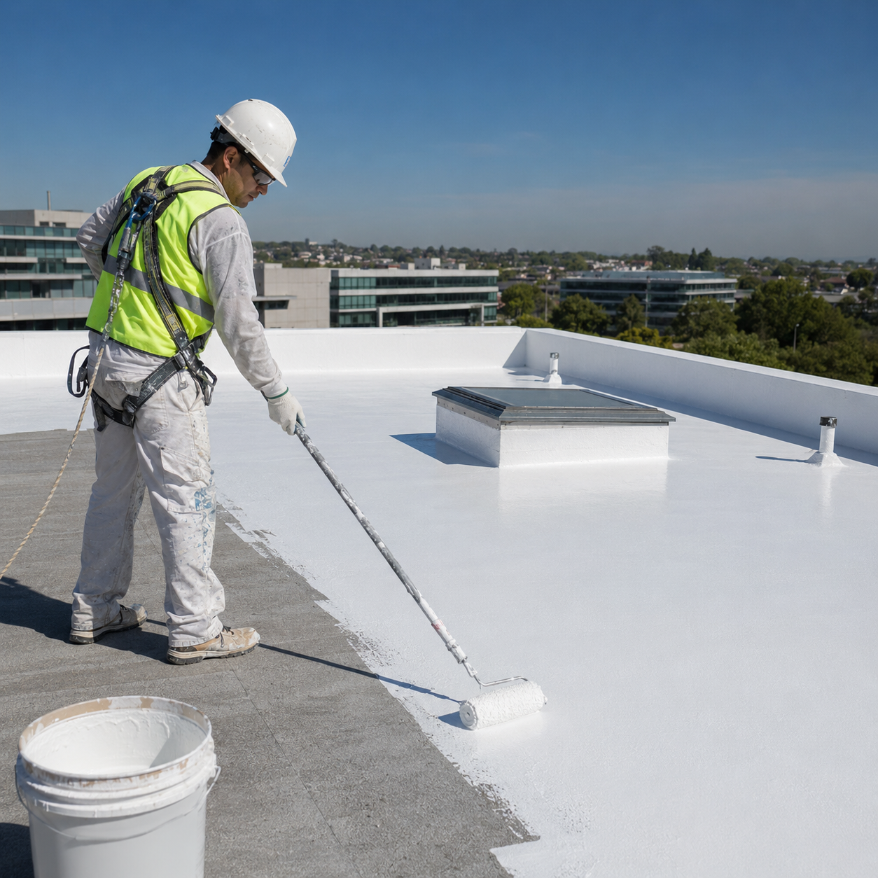 Applicateur posant une peinture réfléchissante thermique sur une toiture terrasse blanche