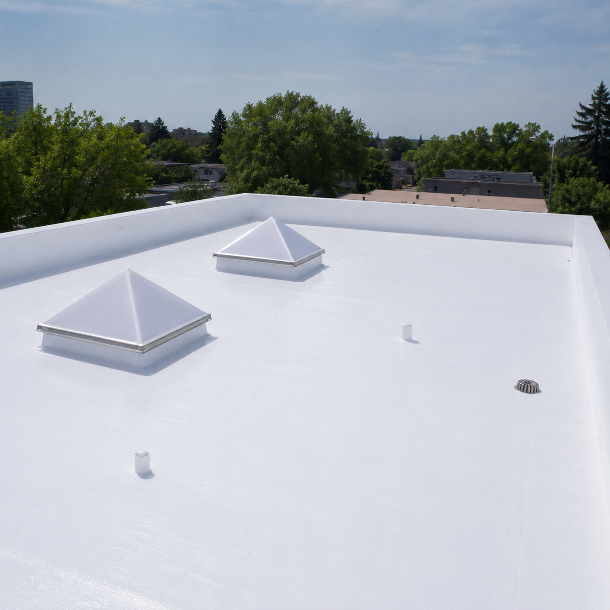 Toiture terrasse blanche traitée avec une peinture réfléchissante thermique